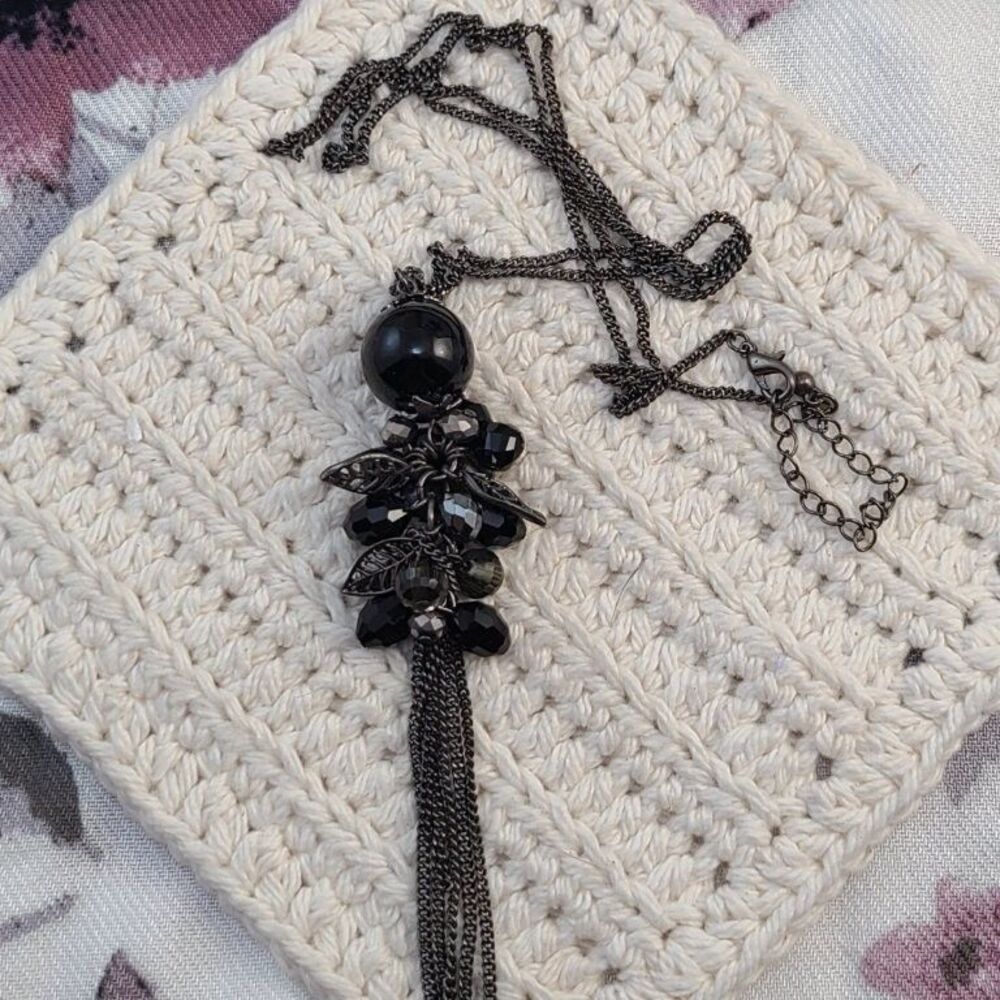 Goth Gunmetal Black Tassel Statement Necklace 31" Faceted Crystal Leaf Pendant